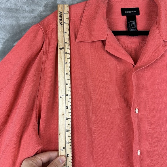 Claiborne Button Up Shirt Men's XL Coral Red Orange 100% Silk Jacquard Pattern - Picture 5 of 9
